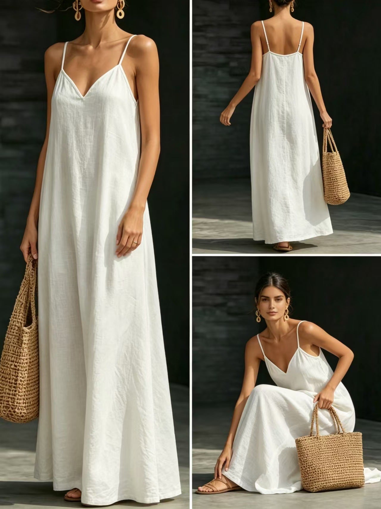 Summer V-Neck Spaghetti Strap Flowy Maxi Dress - Casual Fashion Solid Color Long Dress For Women Vaction Dress