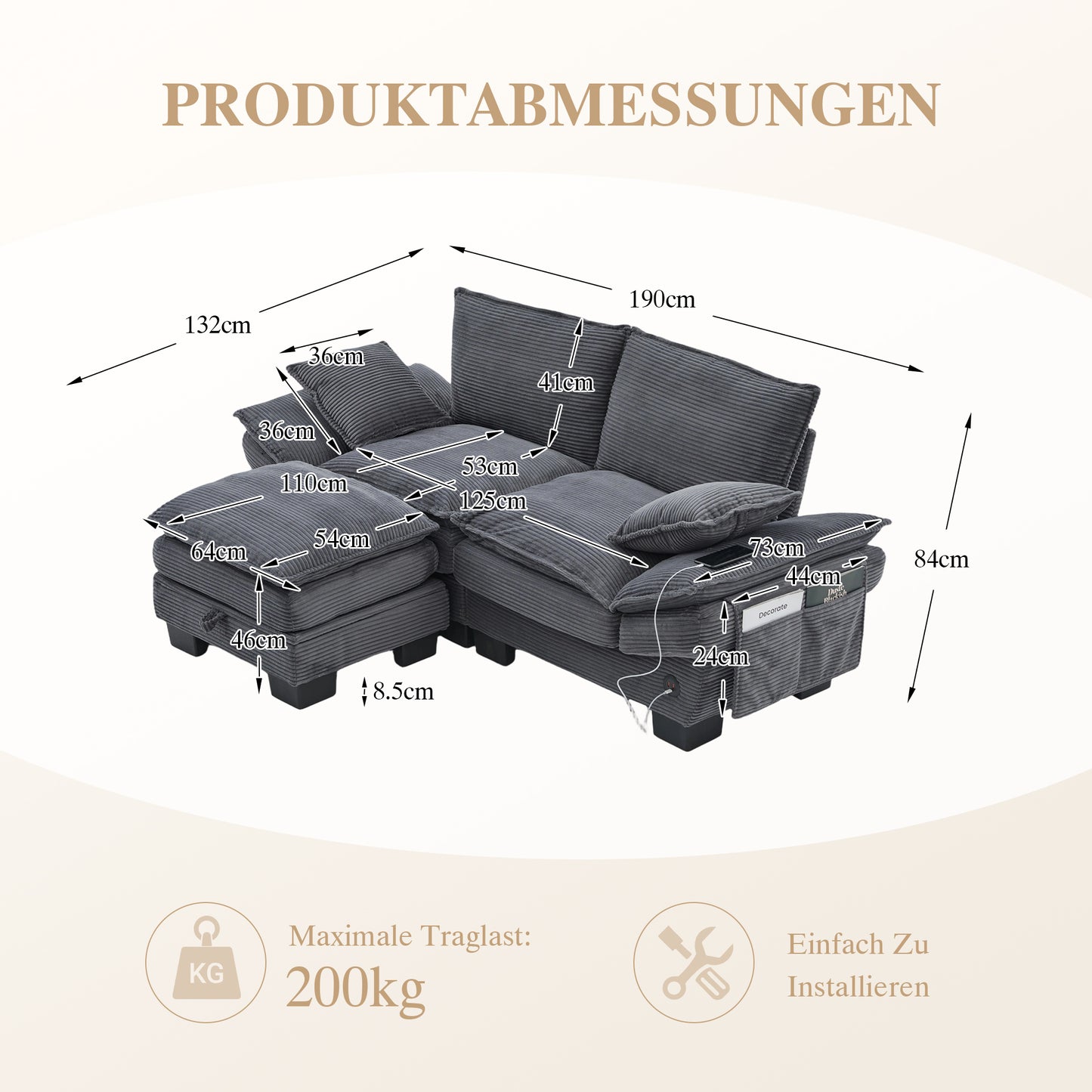 Modular Sofa With Wide Seat Surface For 2 People, Ergonomic Design, High-density Foam Cushioning, USB-C Port And Side Pockets. Ideal For Living Room, Office Or Lounge. Dark Gray