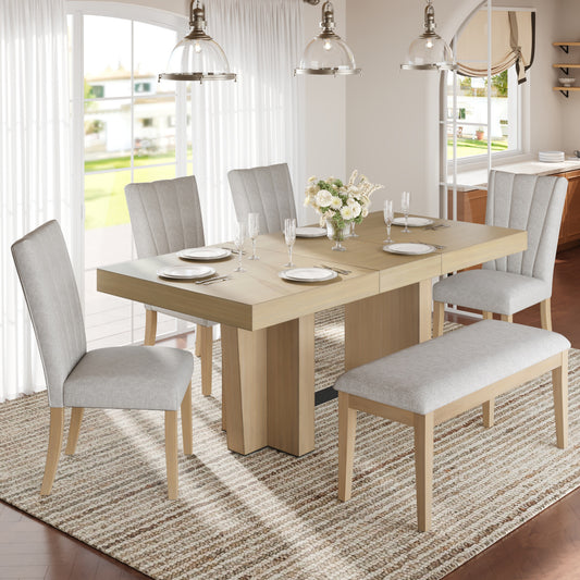 TOPMAX Farmhouse 78.1inch Extendable Wood Dining Table Set For 6, Kitchen Table Set With Bench And 4 Upholstered Chairs,3.8inch Thick Tabletop And Trestle Legs For Kitchen, Dining Room, Natural Beige