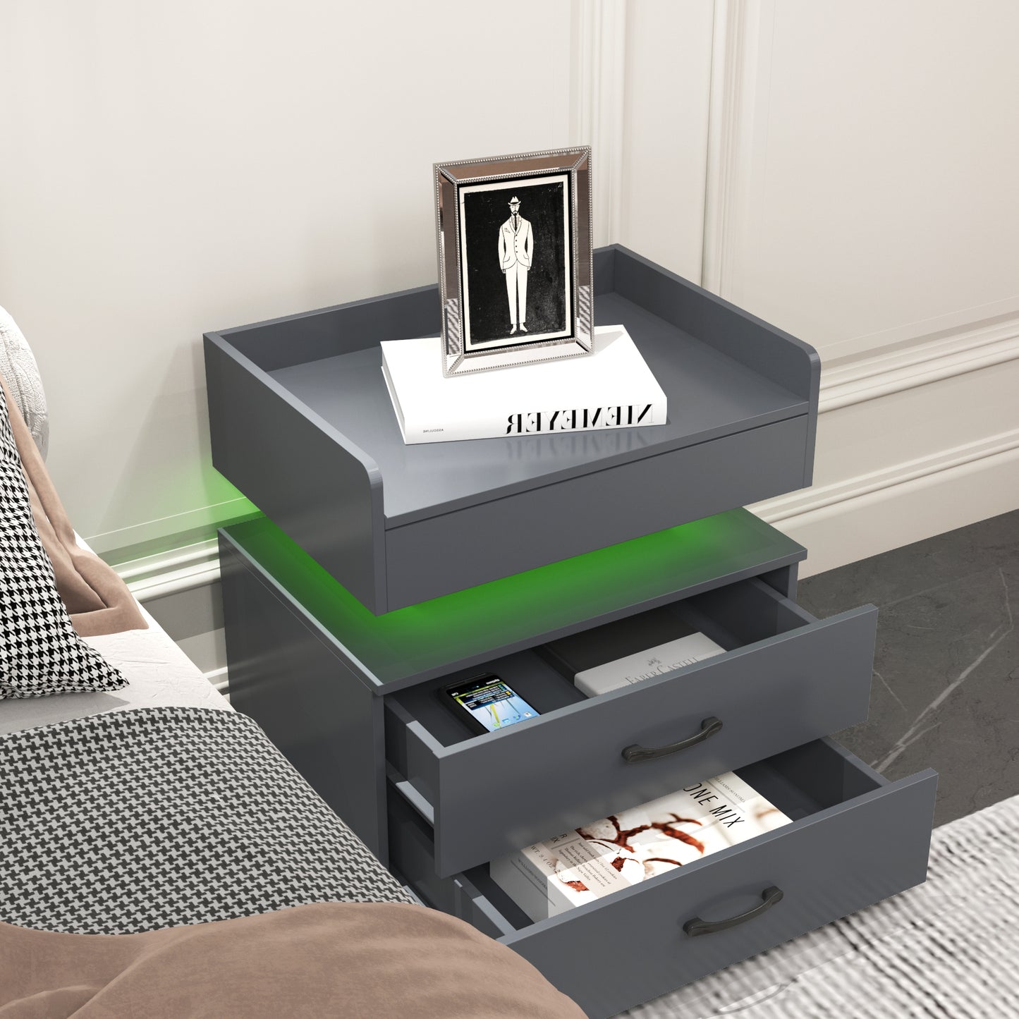 1 Set Nightstand With Adjustable LED Strip Light, 2-drawers, Large Storage Space, Suitable For Bedside Table, Coffee Table, Sofa Side Table Or End Table For Study Desk