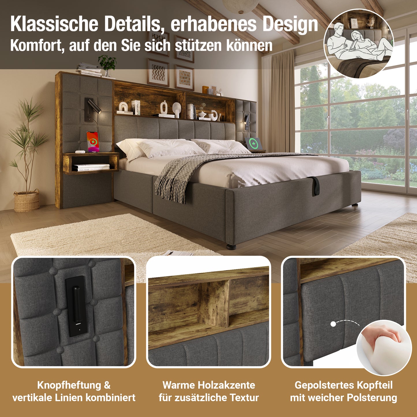 Upholstered Bed 180x200 With Storage Space, Grey System Bed, LED Lighting & 2 Reading Lamps, 2 Integrated Bedside Tables, USB Type-C Charging Port, Linen Fabric, Including Slatted Frame, Without Mattr