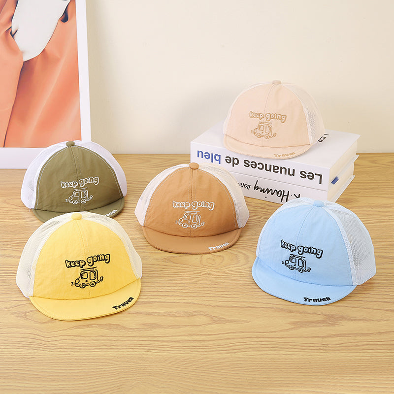 Children's Single-color Cartoon Car Embroidered And Pieced Together Net Fabric Breathable And Cool Fashion Short-brimmed Baseball Cap For Outdoor Travel