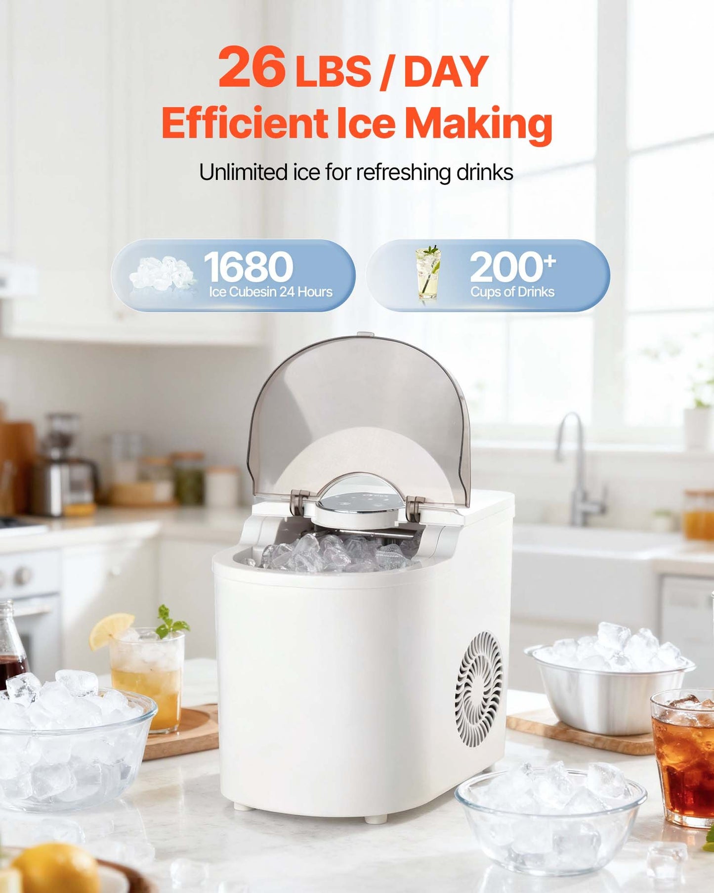 Countertop Ice Maker, 7 Cubes Ready In 6 Mins, 26 Lbs Per Day, Self-Cleaning Portable Machine With Ice Scoop, Ice-Making Machine With 2 Sizes Bullet Ices For Home, Kitchen, Office, Bar & Party
