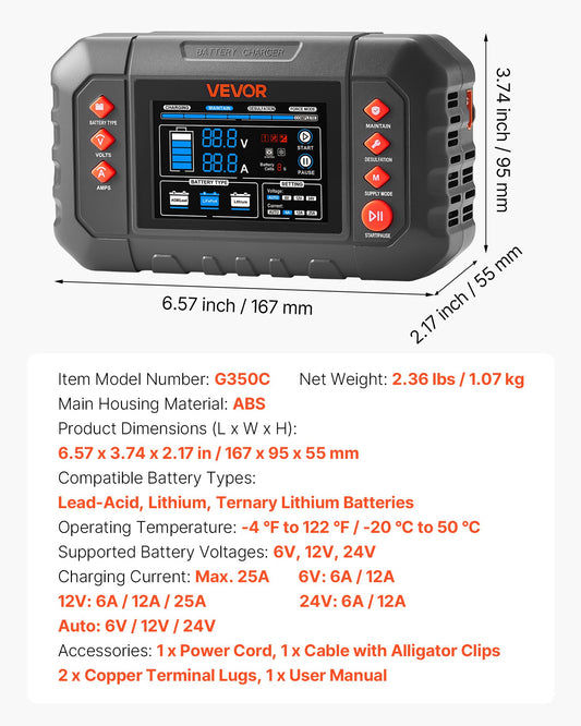 Smart Battery Charger, 25A, 6V 12V 24V Ternary Lithium LiFePO4 Lead-Acid (Gel/AGM) Battery Charger, With 3.4-Inch LCD Display, Trickle Charging Maintainer Desulfator, For Car, Boat, Motorcycle