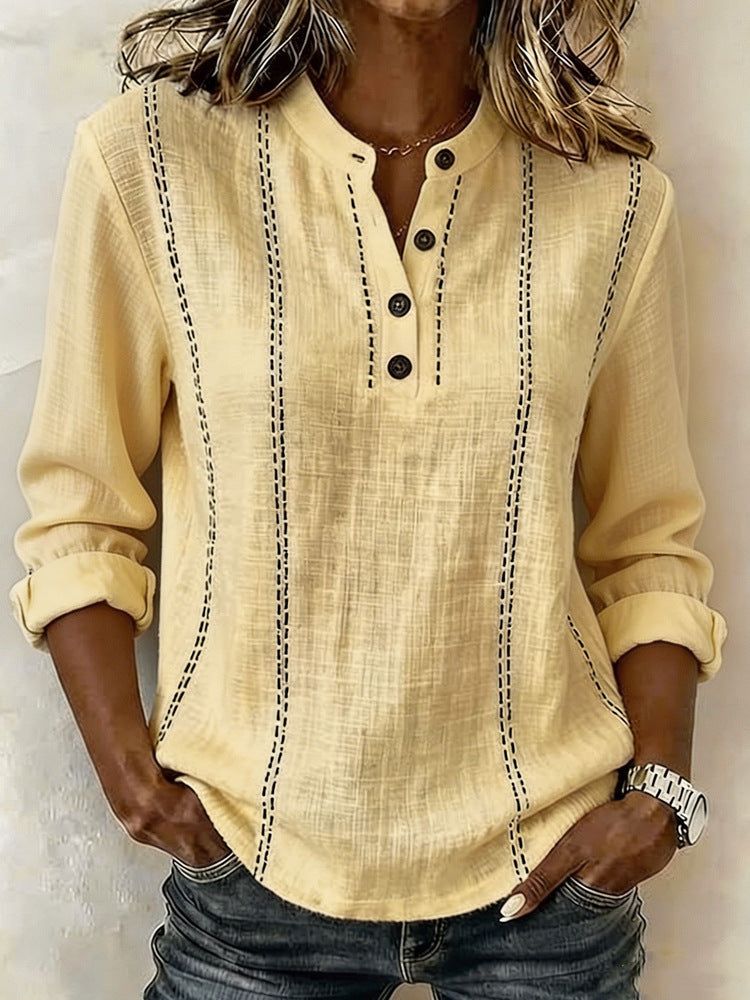 New Summer Loose Fitting Mandarin Collar Long-Sleeve Shirt