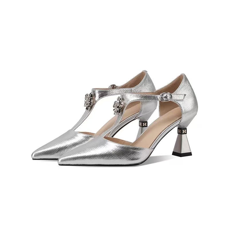 Women Retro Mary Jane Closed Toe Cutout Block Heel Sandals, New T-Strap Buckle All Season High Heels