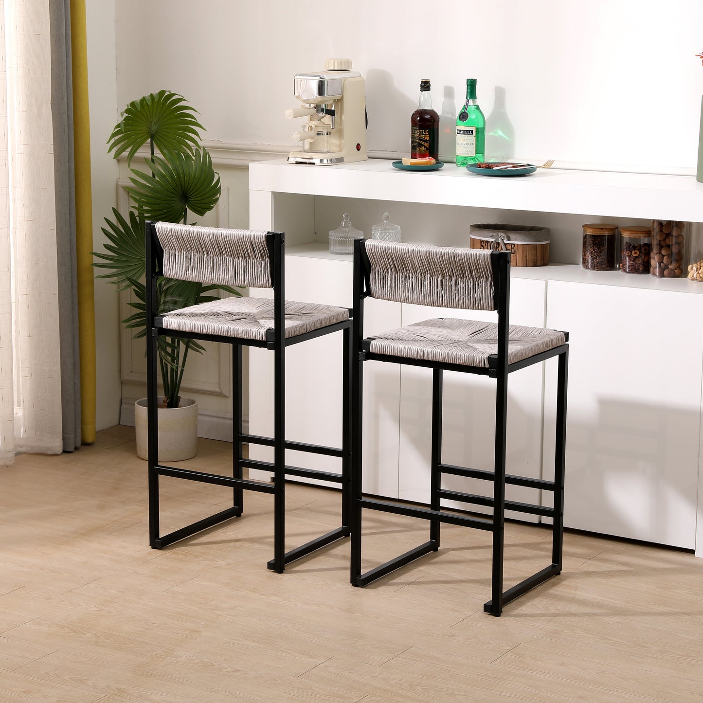 Gray Set Of 2 Hand Weave Bar Stools With Back Counter Height Bar Chairs Paper Rope Woven Dining Stool For Kitchen, Home & Office  Gray