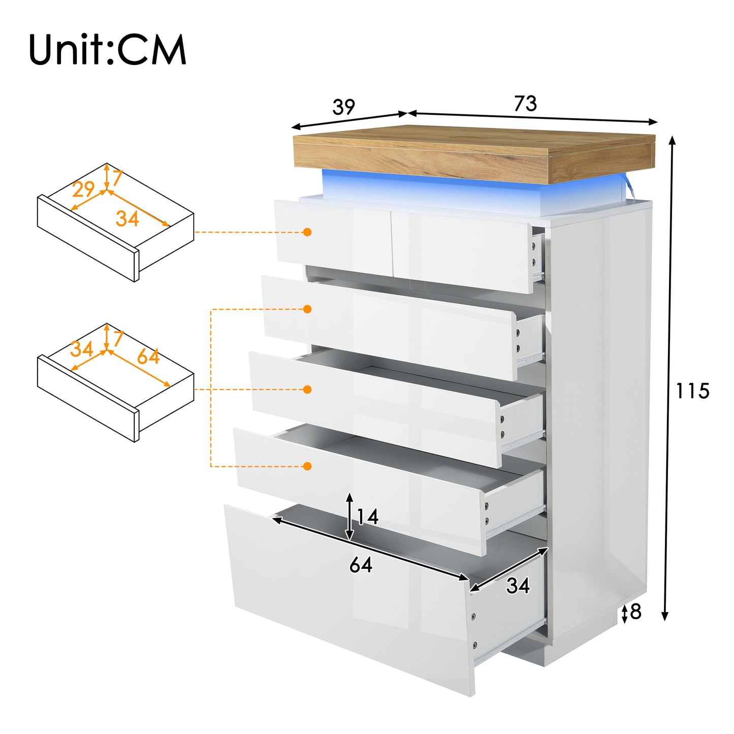 Chest Of Drawers, High-gloss Sideboard With 6 Drawers, LED Lighting  App Control , Multi-purpose Wardrobe For Living Room And Bedroom, 115 X 73 X 39 Cm, White