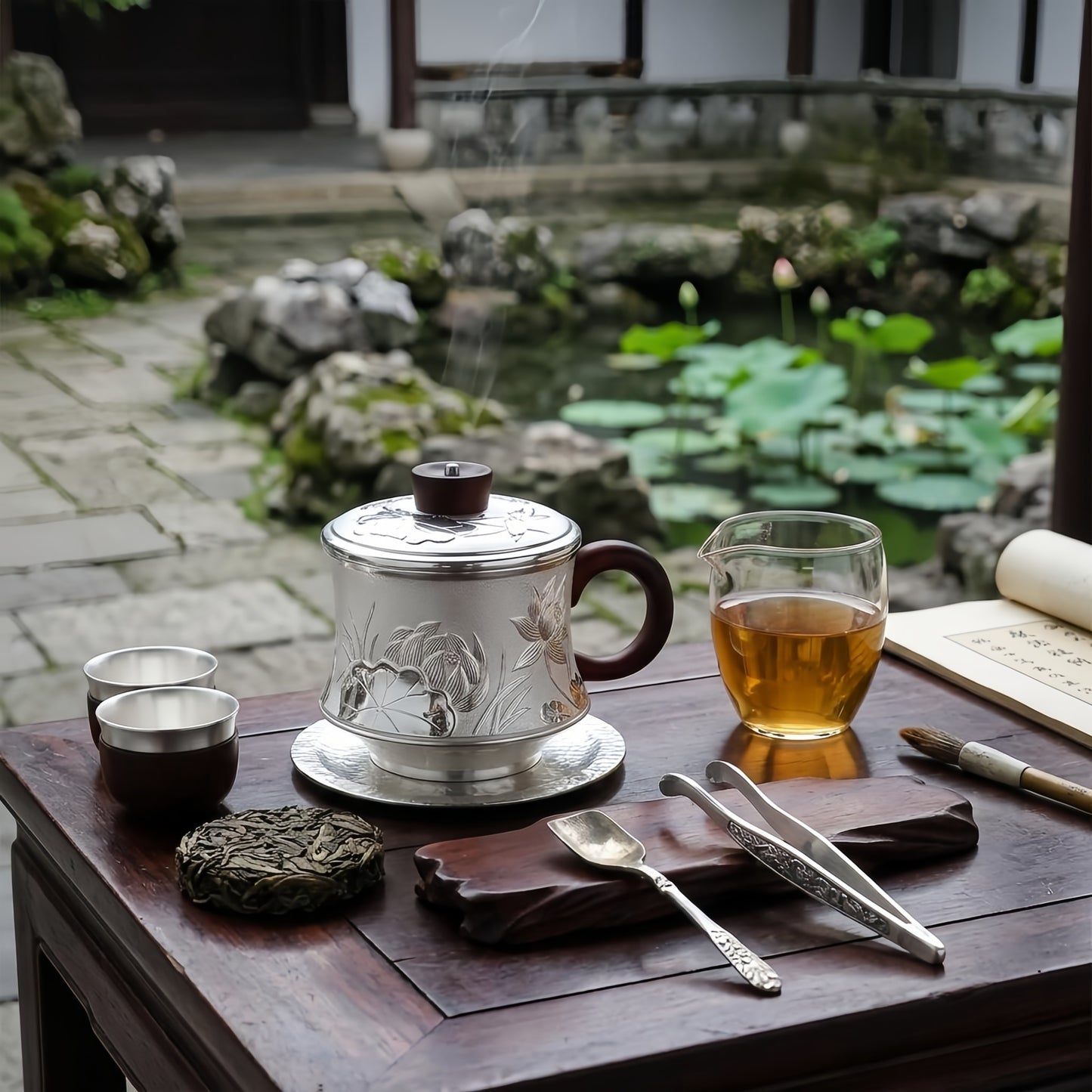 925 Sterling Silver Elegant Silver Lotus Relief Tea Mug with Wooden Handle and Lid - Handicraft