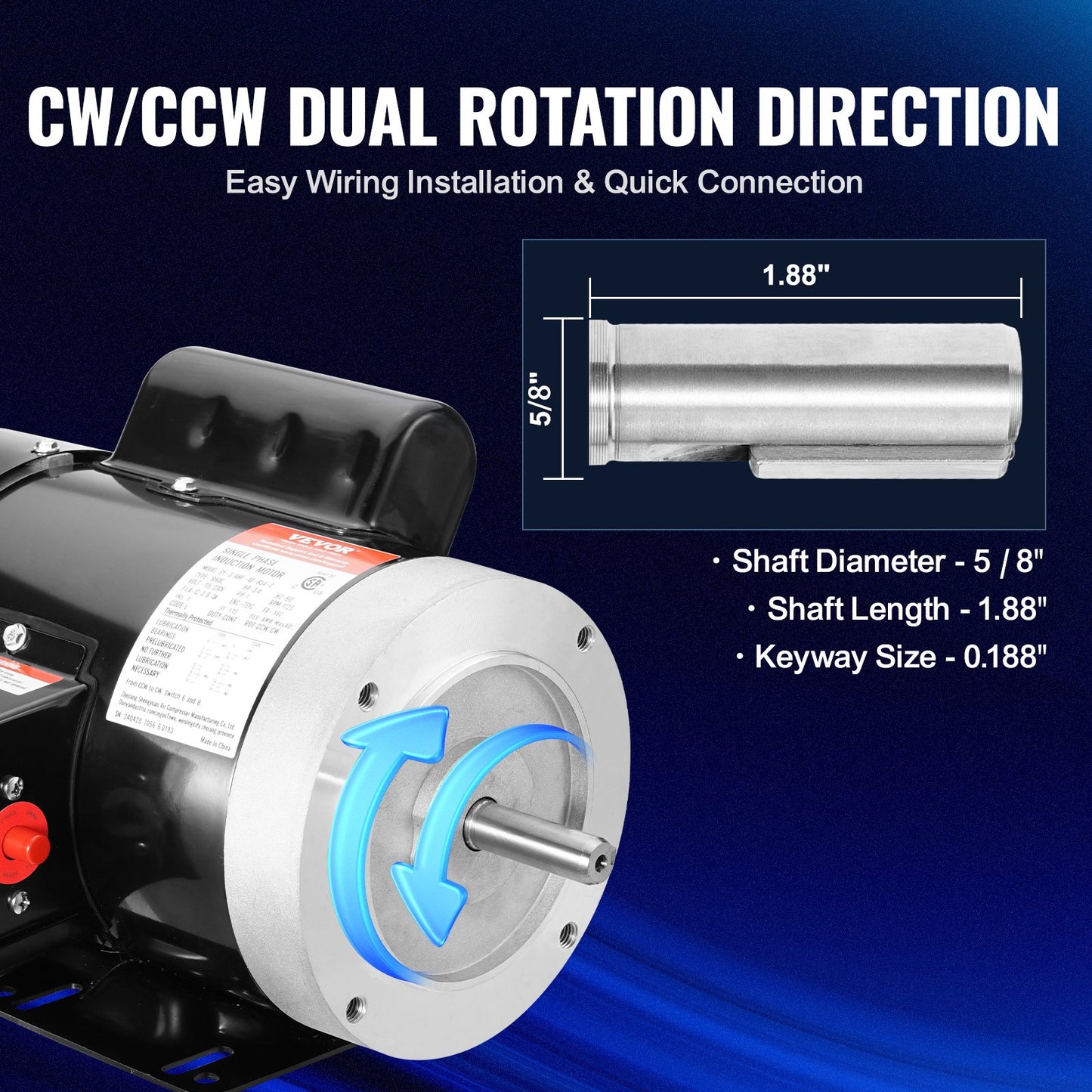 0.75HP Electric Motor 1725 Rpm, AC 115V/230V, 56C Frame, Air Compressor Motor Single Phase, 5/8' Keyed Shaft, CW/CCW Rotation For Agricultural Machinery And General Equipment