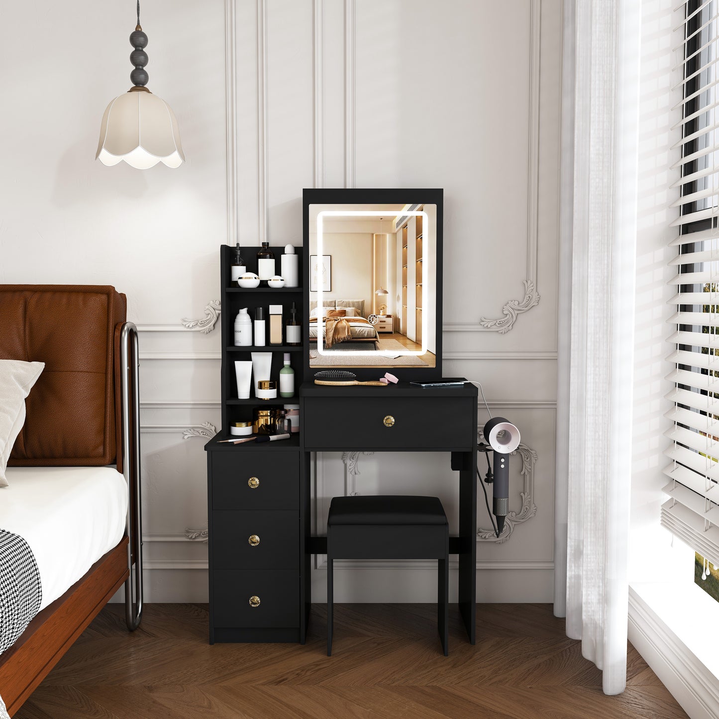 Modern Vanity Desk  Featuring 3 Modes Of LED Lighting With Adjustable Brightness   With 4 Drawers And Multiple Open Storage Shelves  With A Hair Dryer Holder And Power Socket   A Dressing Chair. Black