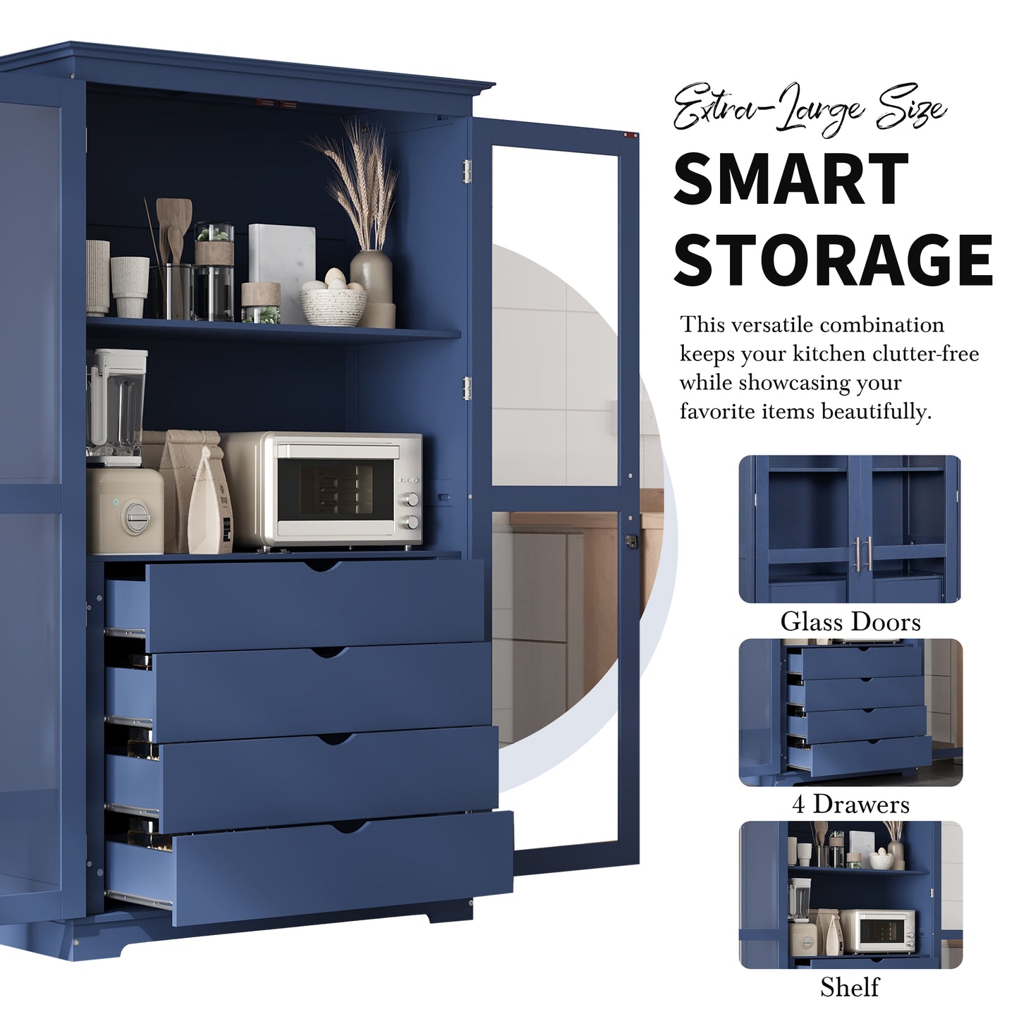 TOPMAx 44.7x20x75inch Kitchen Pantry  Freestanding Kitchen Storage Cabinet Display Cabinet With Glass Doors And 4 Built- In Drawers For Living Room  Home Office  Blue