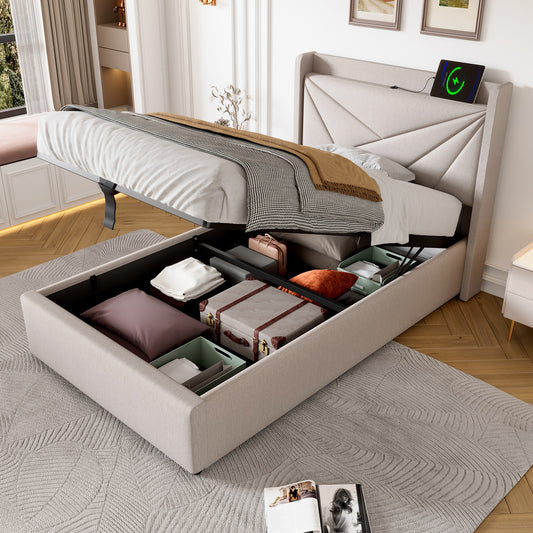 Upholstered Bed Single Bed Storage Bed Box With USB Type C Charging Function Headboard,Storage Beds Bed Frame Made Of Linen Material Youth Bed 90x200 With Slatted Base  Without Mattress