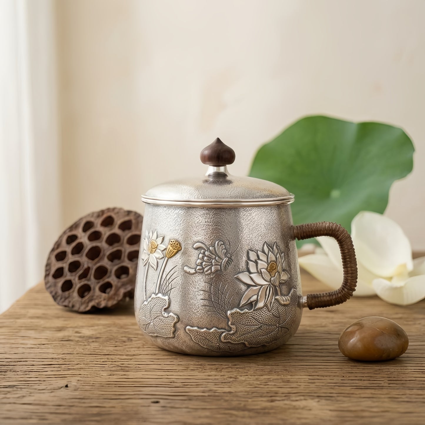 925 Sterling Silver Elegant  Teapot with Floral Embellishments and Wooden Accents-Premium Tea Mug - Handicraft