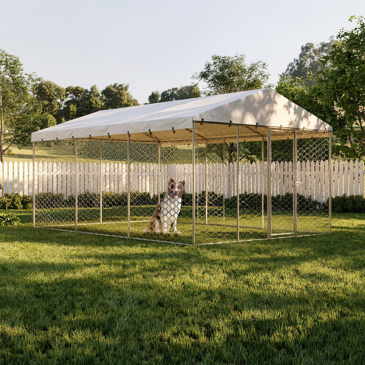 15x10 FT Large Outdoor Dog Kennel with Canopy, Heavy Duty Galvanized Steel Frame, Waterproof Cover, All-Weather Protection, Escape-Proof Lockable Pet Playpen for Large Dogs, Multiple Animals.