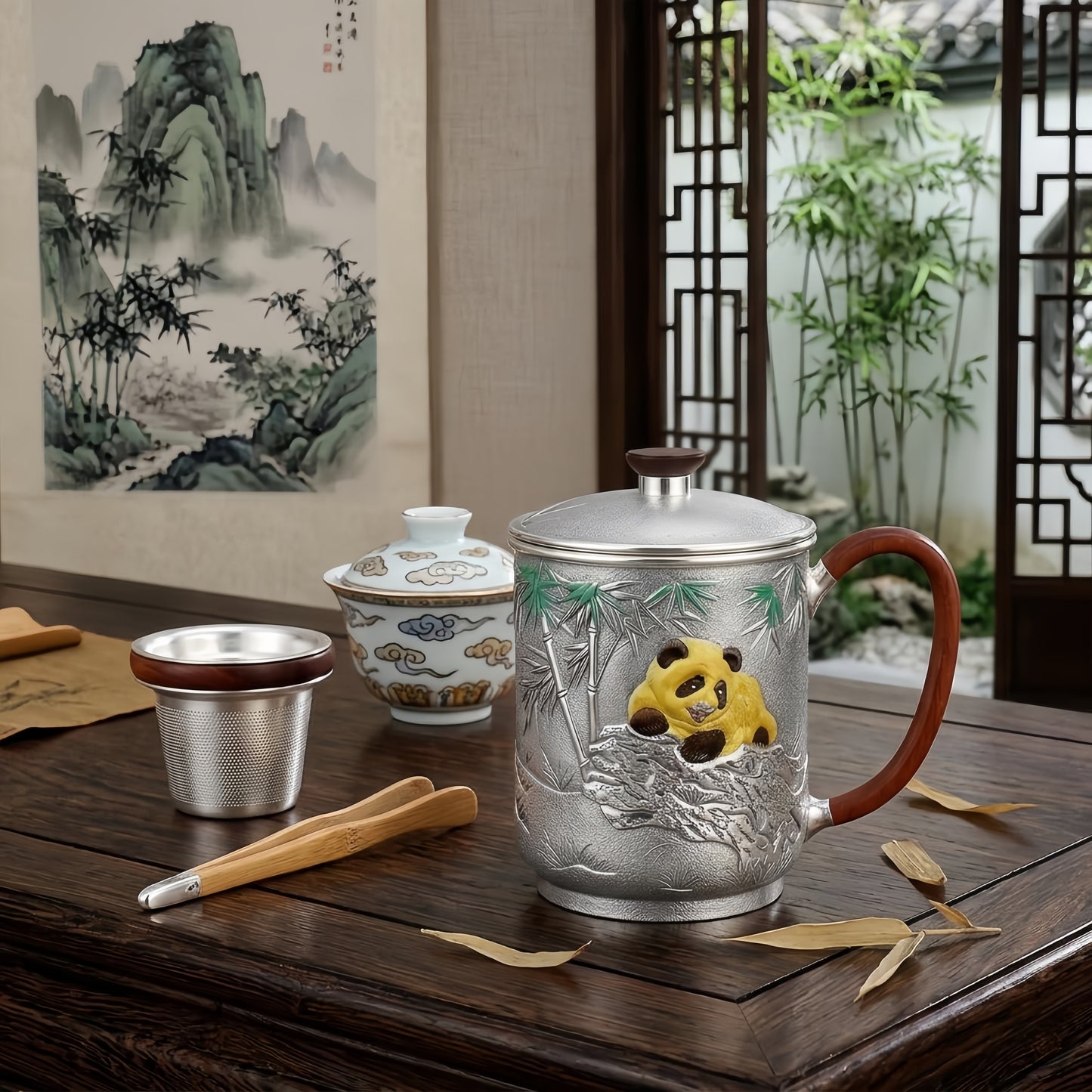 Pure 999 Fine Silver  Teapot with Wooden Accents and Playful Panda Design-Premium Tea Mug - Handicraft