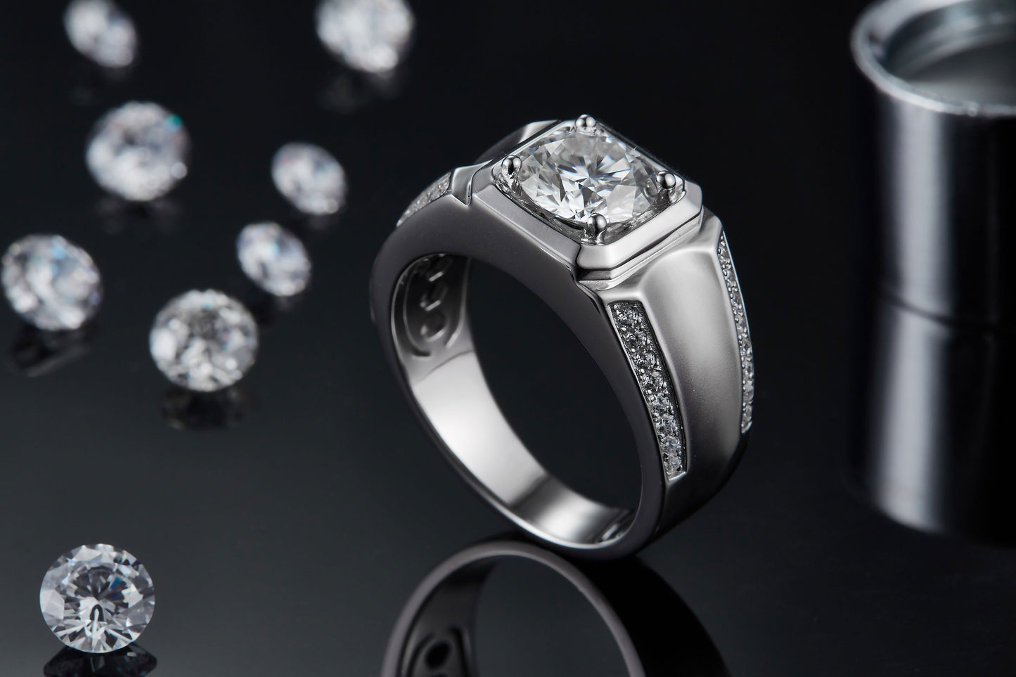 S925 Sterling Silver 2ct Moissanite Men's Ring, D-VVS1 Octagon Bezel, Matte Pave Band, US Sizes 5-9, GRA Certificate Gift Box