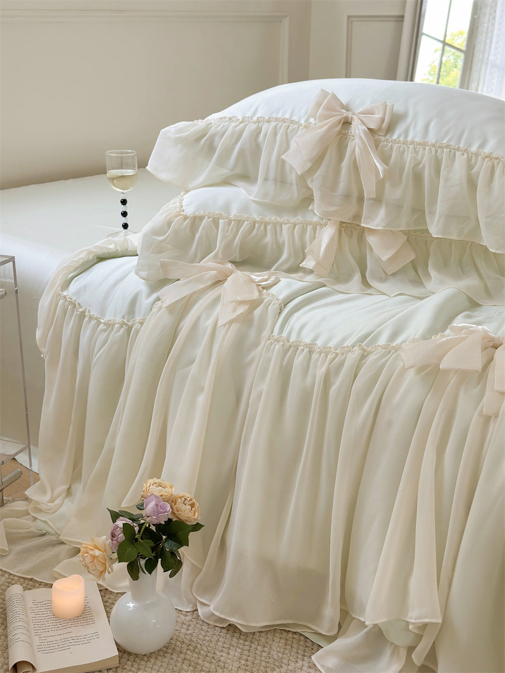 Pure Color Ruffles Princess Style Summer Quilt Tencel Summer Cooling Duvet Airable Cover Four-piece Set