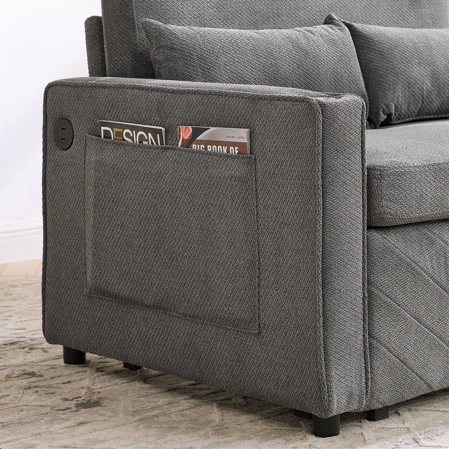 3-in-1 Minimalist Grand & Elegant Light Luxury 2-Seater Sofa Bed, Slide-to-Transform Design, USB Charging, Perfect For Napping, Dark Gray