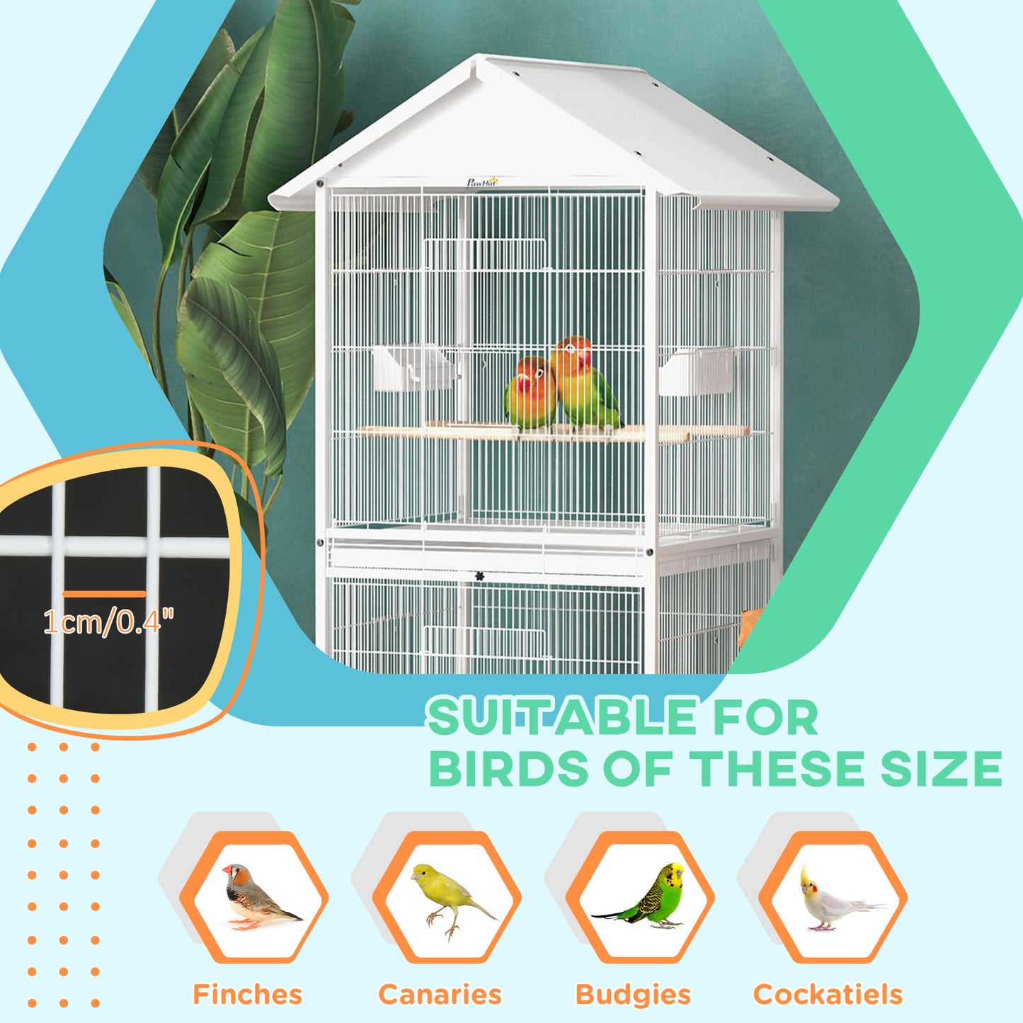 Wrought Metal Bird Cage Feeder with Rolling Stand Perches Food Containers Doors Wheels 67" H, White
