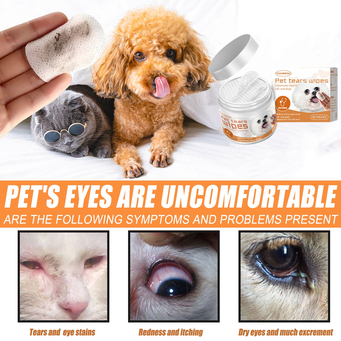 Pet Tear Stain Wipes For Dogs & Cats, Natural Aloe & Chamomile Extract Gentle Eye Cleaning Wipes, Hypoallergenic Non-Irritating 60 Count