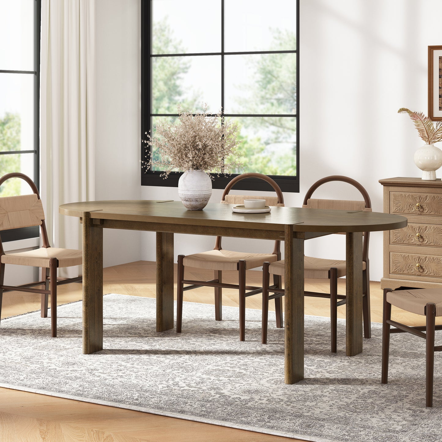 Modern Wooden Dining Table For 4 To 6 People, 71  Large Kitchen Dining Table With Wood Pedestal Base, Mid Century Oval Long Dinner Table For Home Dining Room Restaurant, Walnut
