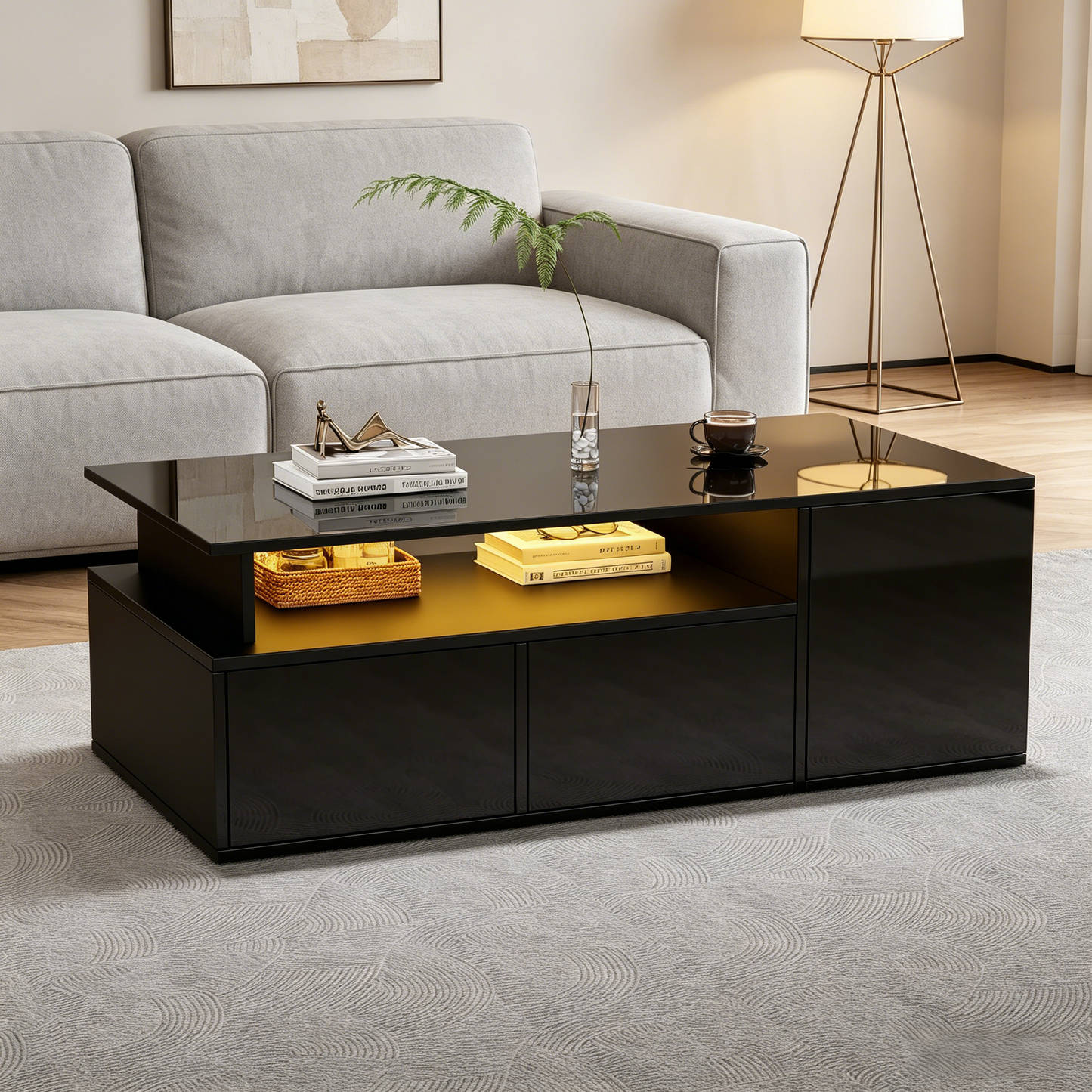 100x50x35cm Tea Table With LED, Living Room Coffee Table, Sofa Table With 2 Drawers, Coffee Table With Total Load Capacity Of 60kg, Black Living Room Table With Plenty Of Storage