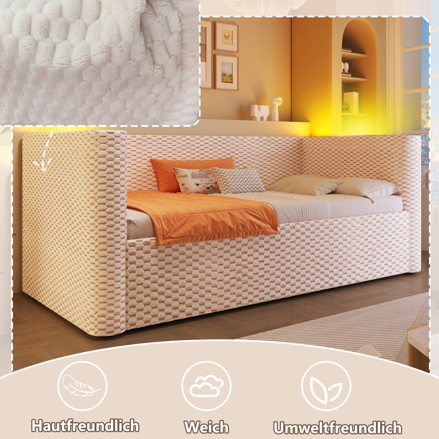 Daybed, Daybed, Sofa Bed, 90 X 200 Cm, With LED Lighting, With Hydraulic Storage Mechanism, Slatted Base  Without Mattress , Velvet, Beige