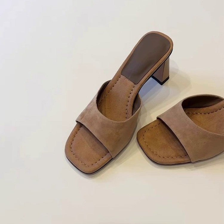 Elevated Version French Open Square Toe High Heel Slides For Women, Simple Slip-On Block Heel All-Match One-Strap Summer Outdoor Sandals