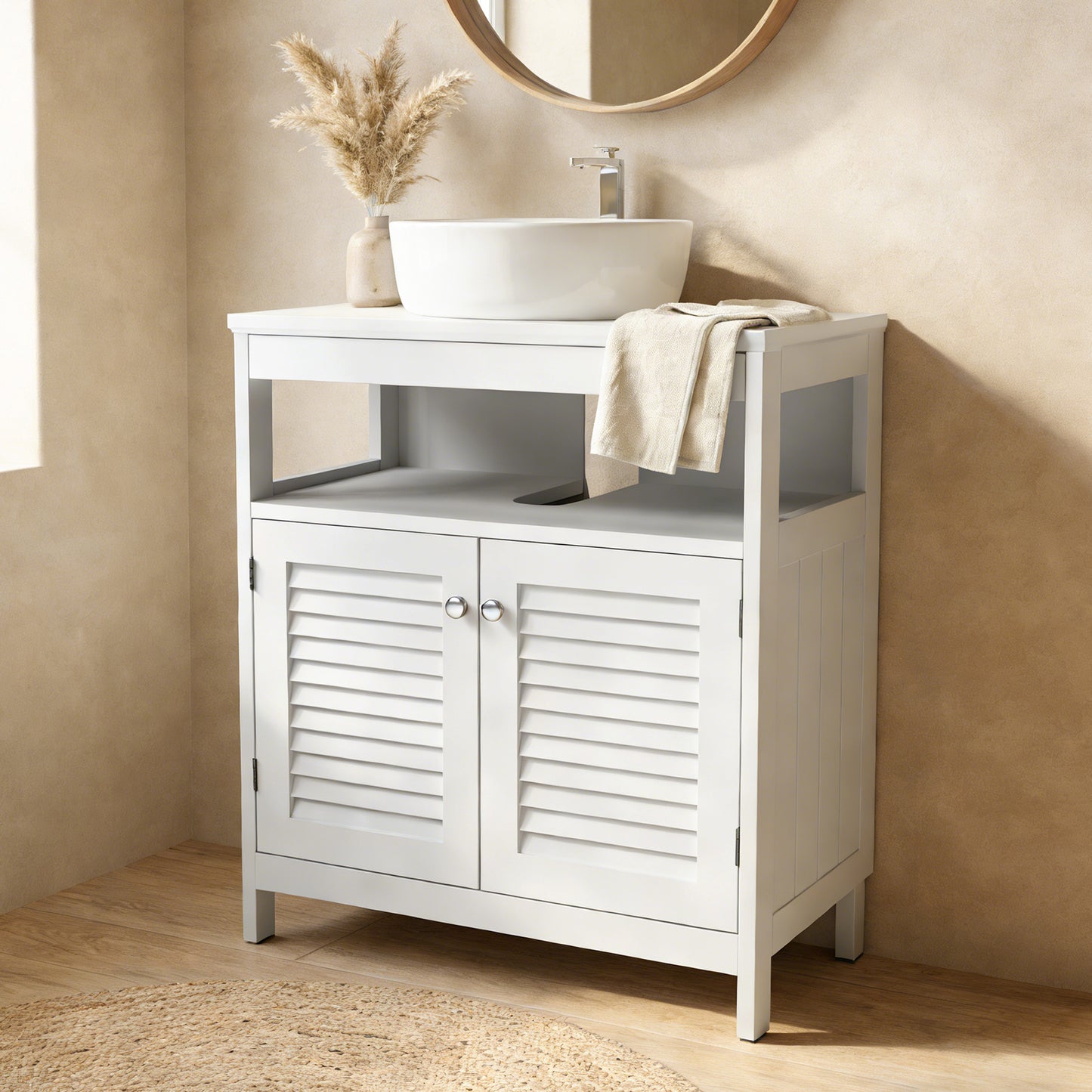 Wall Mounted Sink Plumbing Under Sink Storage Cabinet With 2 Doors Open Shelf U Shape Cut Out Wall Mounted Drainage Bathroom Under Sink Vanity For Toiletries Makeup