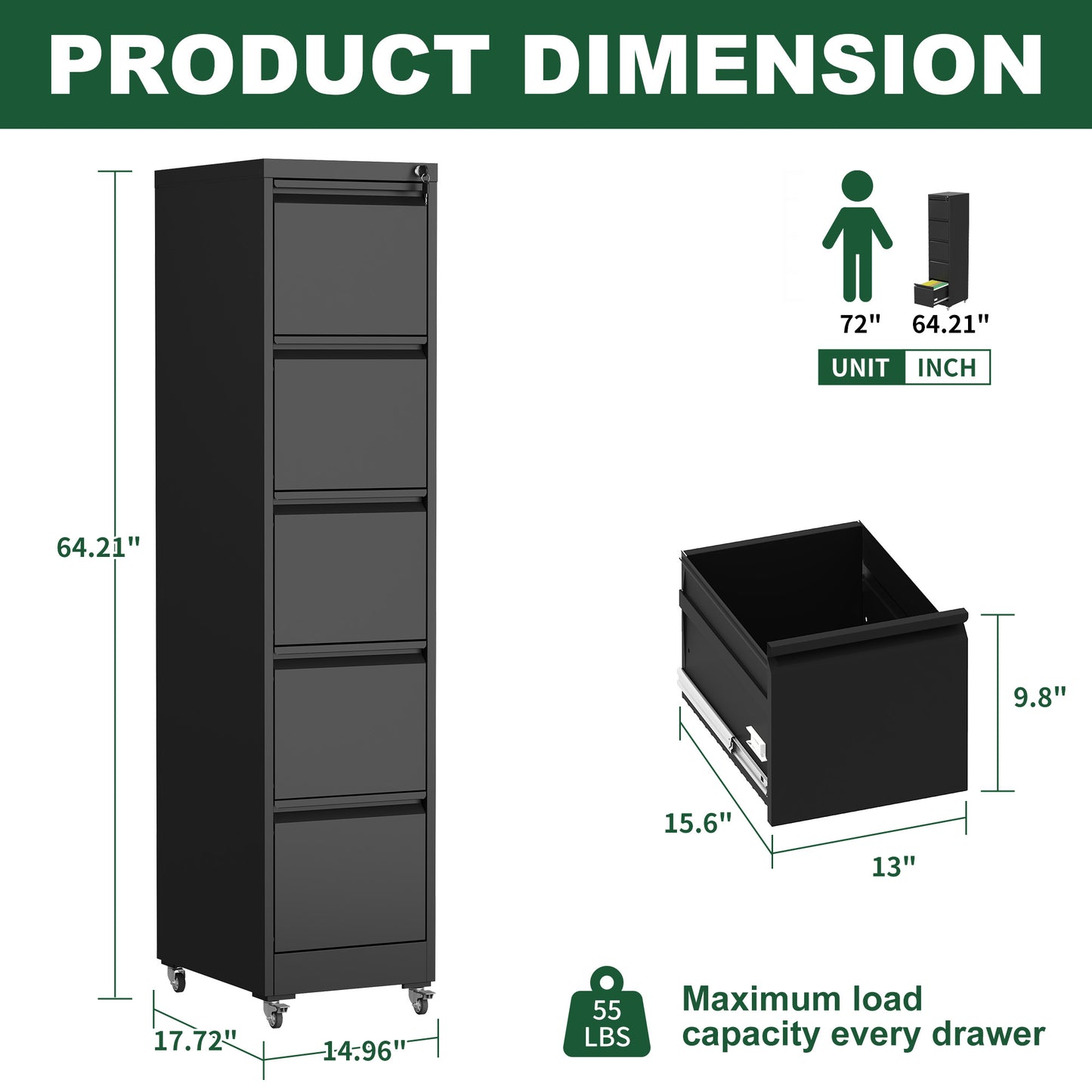 5 Drawer Metal Vertical File Cabinet With Lock On Wheels For Home Office,Heavy Duty Metal Storage Cabinet For A4 Letter Legal Size Files, Black, 17.71 Dx15.16 Wx64.17 H