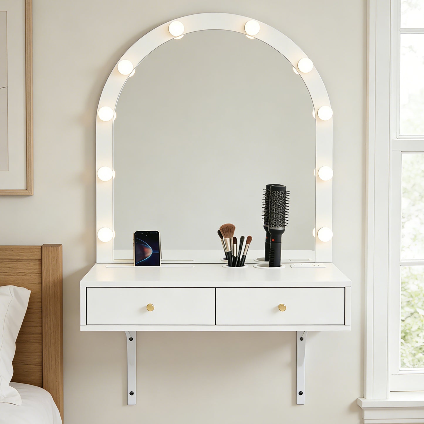 Floating Makeup Vanity Desk With Mirror & 3-Color Lights, Wall Dressing Table With Power Outlet, Compact Vanity, Large Storage, White