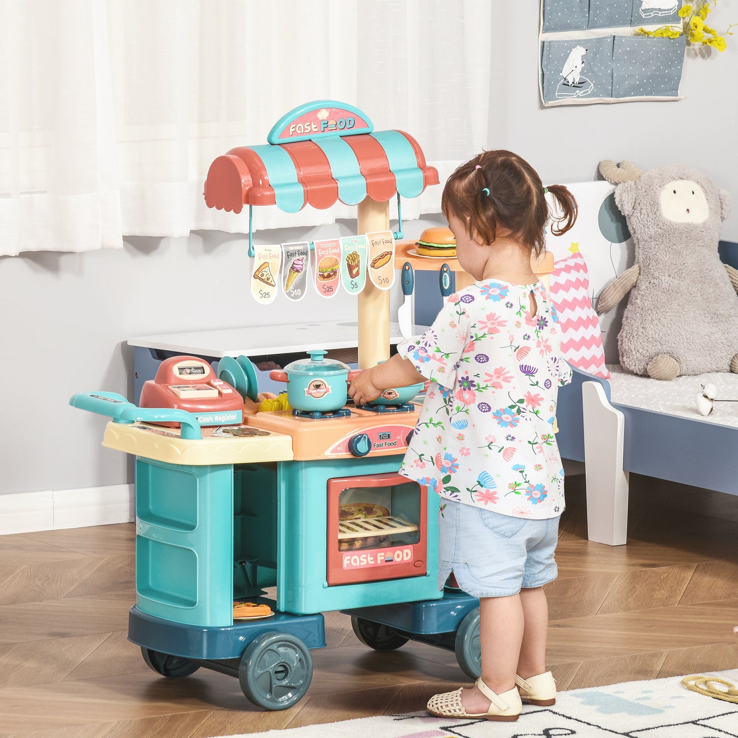 50 Pcs Kids Kitchen Play Set Fast Food Trolley Cart Pretend Playset Toys With Play Food Cashier Register Accessories Gift For Boys Girls Age 3-6
