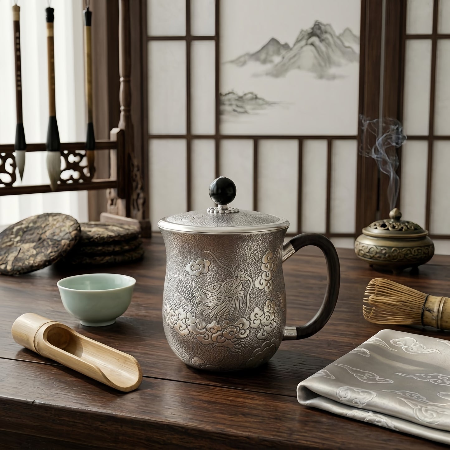 Pure 999 Fine Silver Ornate Handcrafted Silver Dragon Tea Mug with Dark Wood Handle and Lid - Handicraft