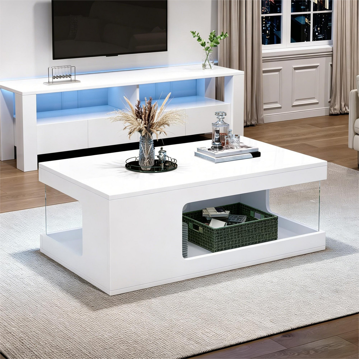 Living Room Coffee Table 50X100X35cm, Openwork Tea Table, Large High-gloss Coffee Table With Tempered Glass Shelves On Both Sides, Side Table With LED Light Strip, White, Chipboard.