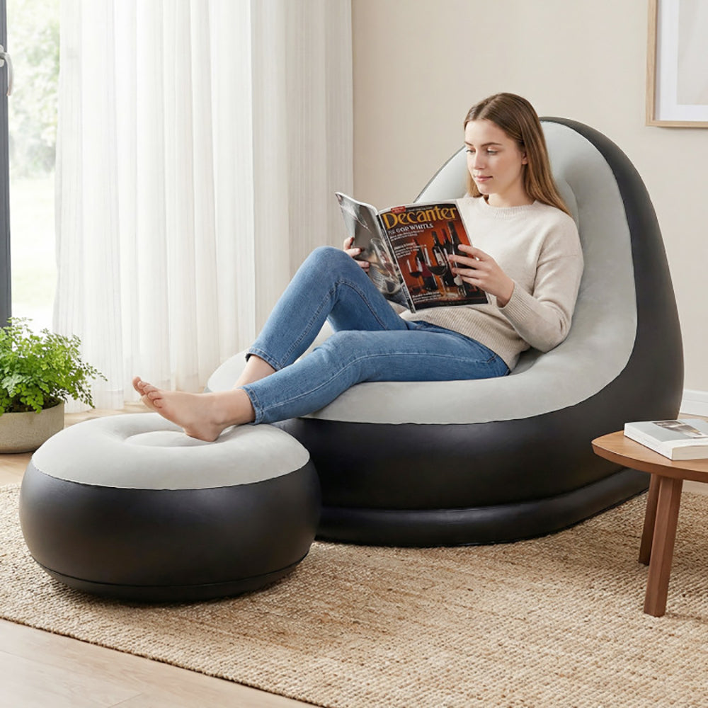 Inflatable Lounge Sofa With Ottoman Portable Air Sofa Of Up To 220 Lbs For Adults With Flocked Surface For Home, Yard, And On The Go Occasions Like Camping Or Trips