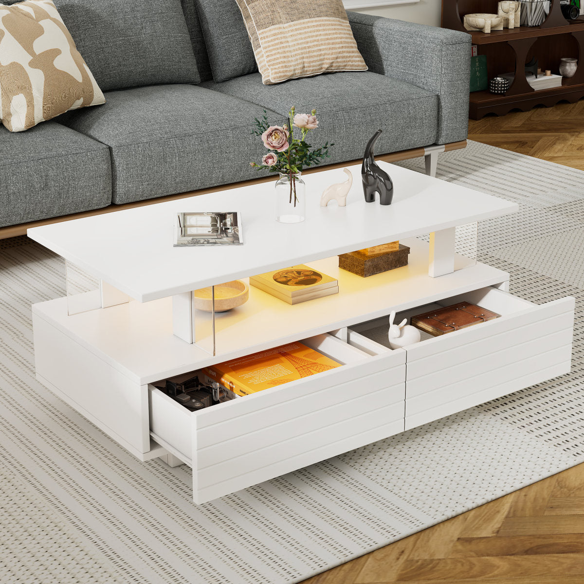Coffee Table With Open Storage, Centre Table, Sofa Side Table With 2drawers, Rectangle Coffee End Table With LED For Living Room, Office, 100x50x42.5cm, White ,Particleboard  Acrylic