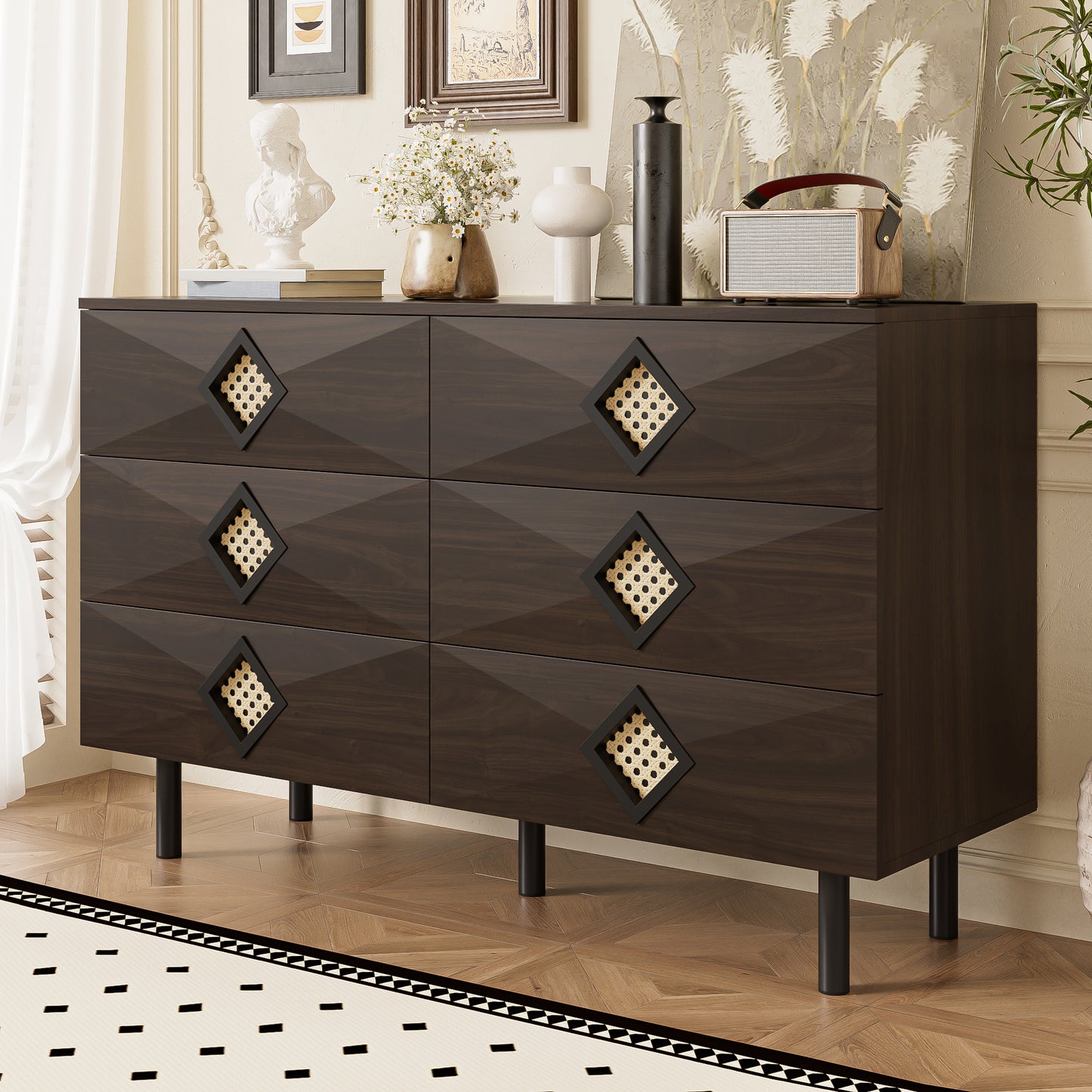 Elegant 6-Drawer Dressing Table With Rattan Handle, For Bedroom & Living Room  Practical Storage & Stability, Perfect For Your Home