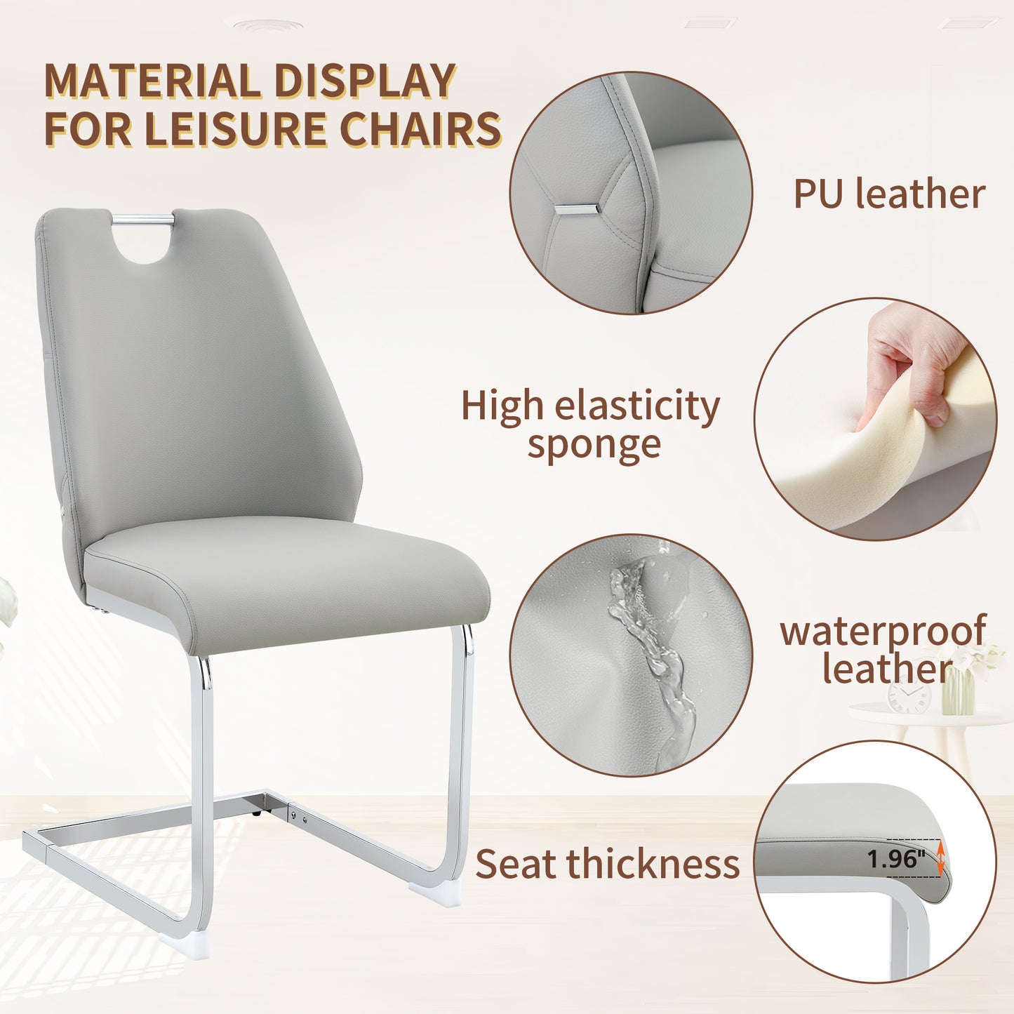 Dining Chairs Set Of 2, Light Gray Faux Leather Kitchen Chairs With Gold Mesh Texture, Silver Back Ring And Chrome Pull Handle, High Back Upholstered Dining Room Chair  Light Gray, Set Of 2