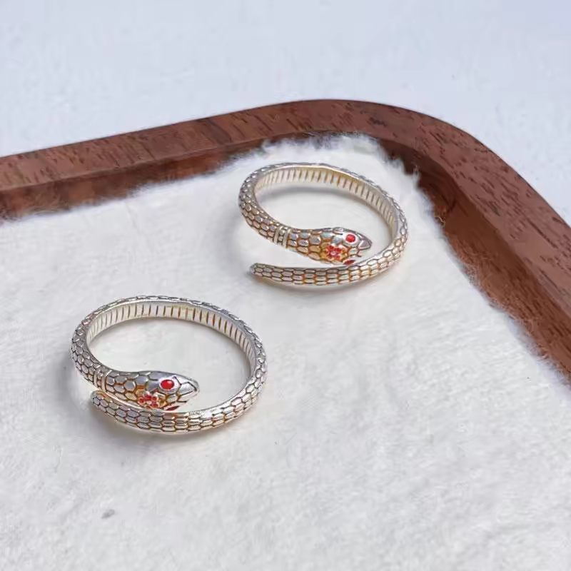 1pc 999 Sterling Silver Gold-Plated Enamel Peach Blossom Snake Open Ring, Retro & Elegant Style, Perfect For Daily, Dating & Gifting, Ideal Valentine's Gift
