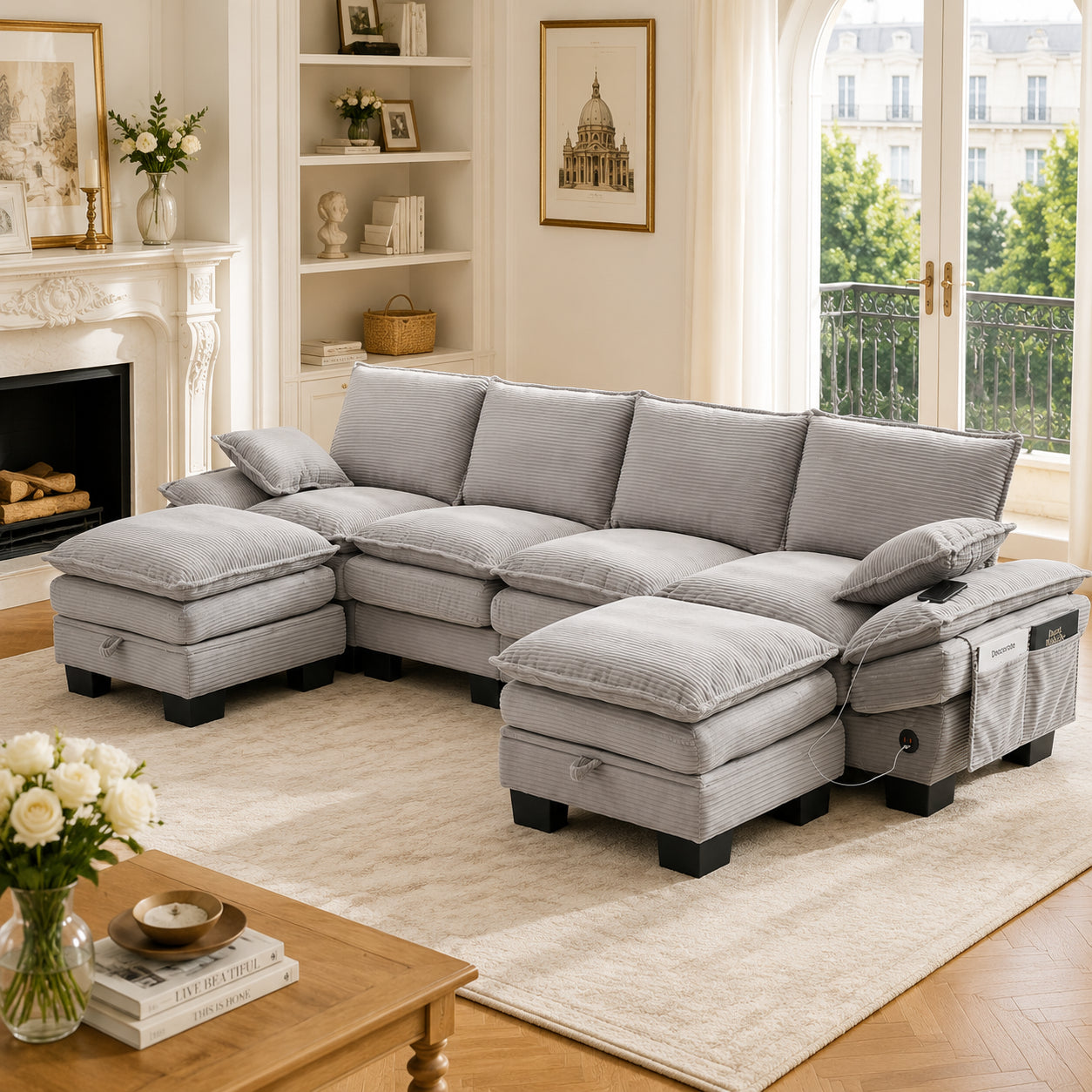 Modular 4-seater Corduroy Sofa  With 2 Stools   Wide Seat, Ergonomic Design, High-density Foam Padding, USB-C Port And Side Pockets.Ideal For Living Room, Office Or Lounge.Light Grey