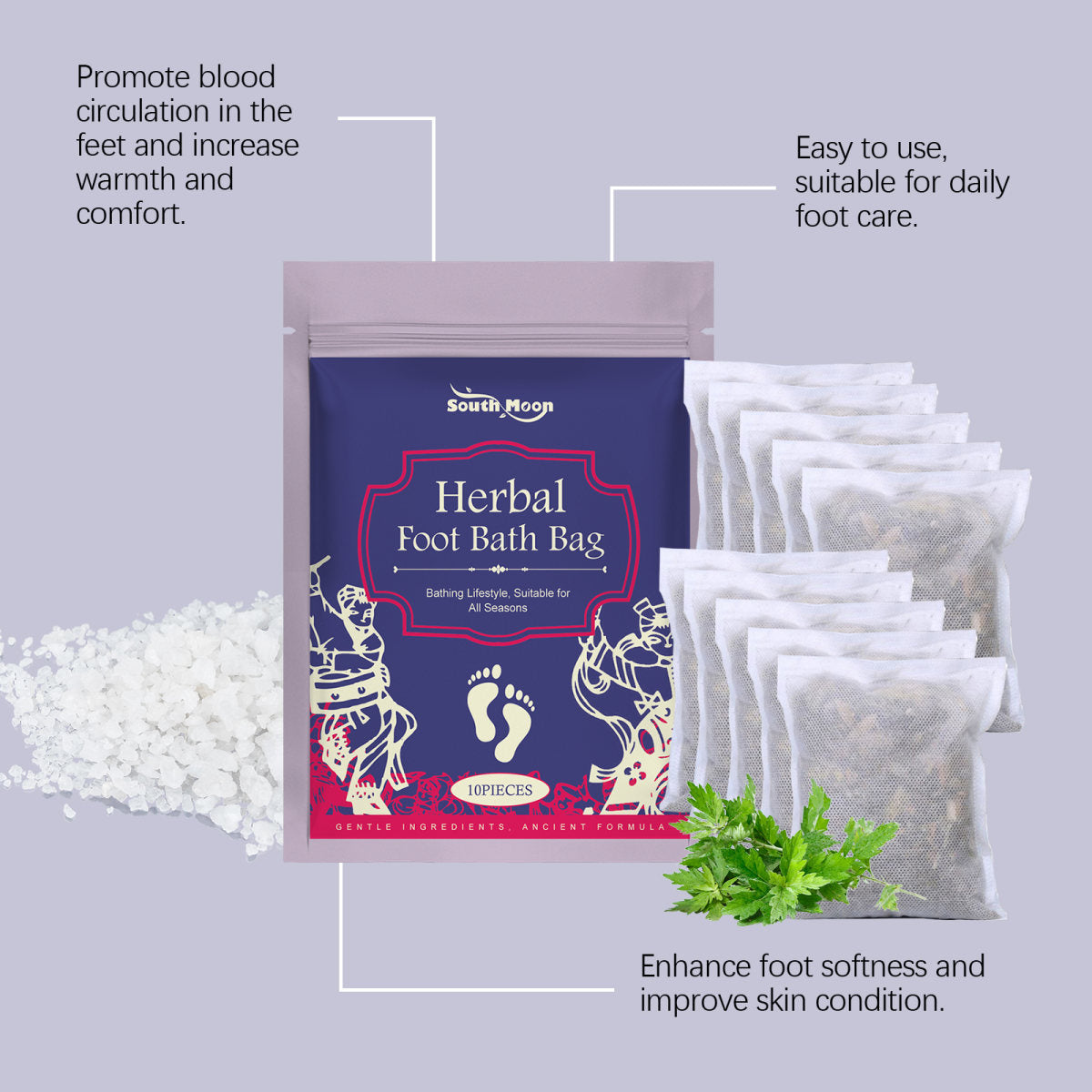 South Moon Herbal Foot Bath Bag Wormwood Extract Foot Soak Pack Gentle Care Foot Bath