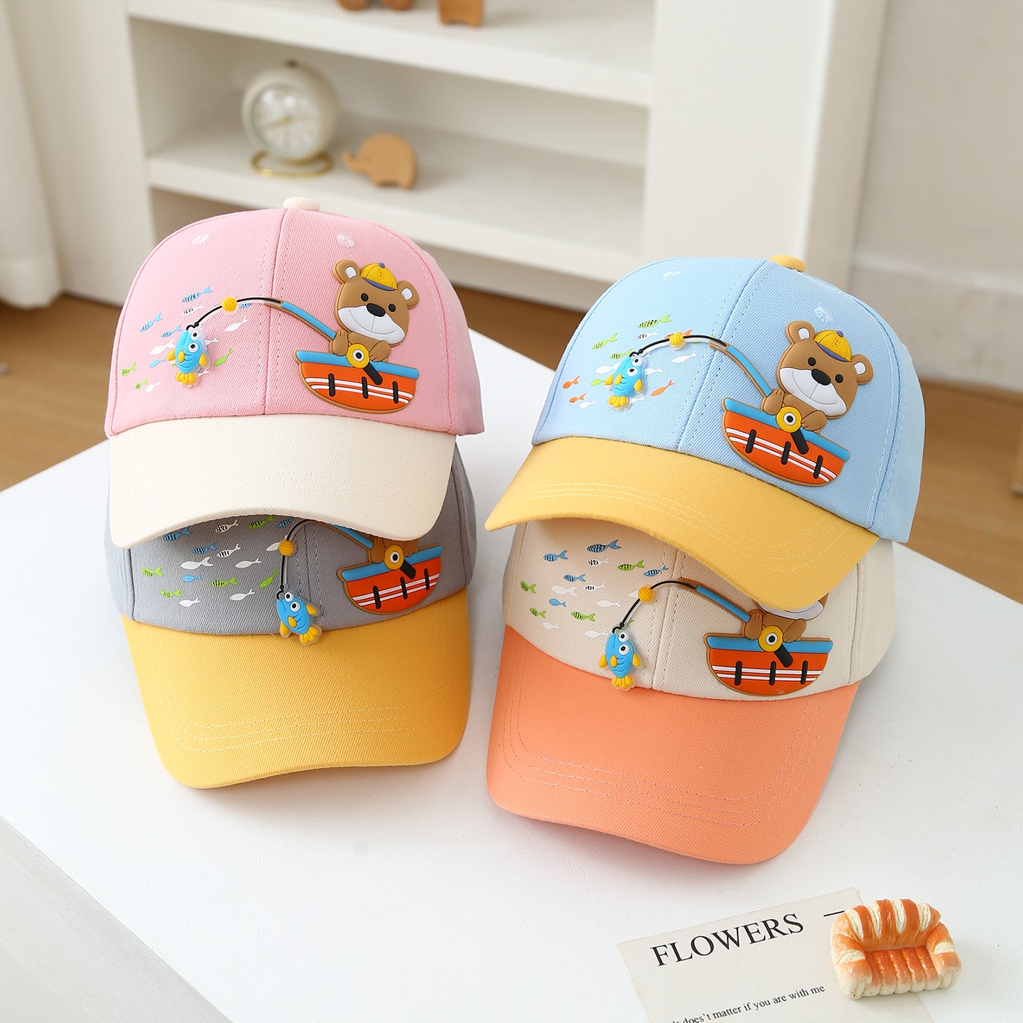 Summer Children's Cartoon Fishing Teddy Bear Patchwork Baby Baseball Cap Suitable For Outdoor Sun Protection And Shade, Ideal For Daily Shopping And Outings.