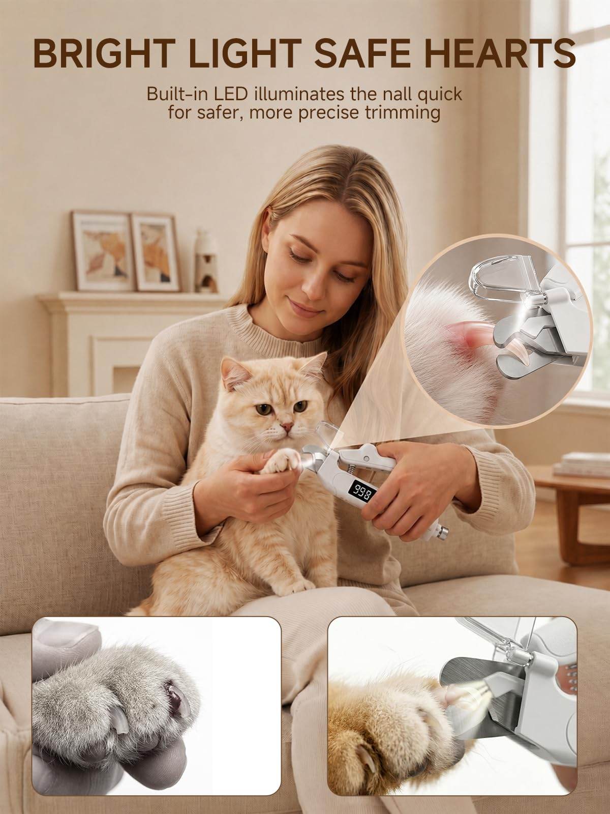 Dog Nail Clippers With Light, 2-in-1 Nail Clipper & Grinder Trimmer For Large Medium Small Dogs Cats, USB Rechargeable, Dual LED Quick Sensor & Safety Guard Portable Home Pet Grooming Tool