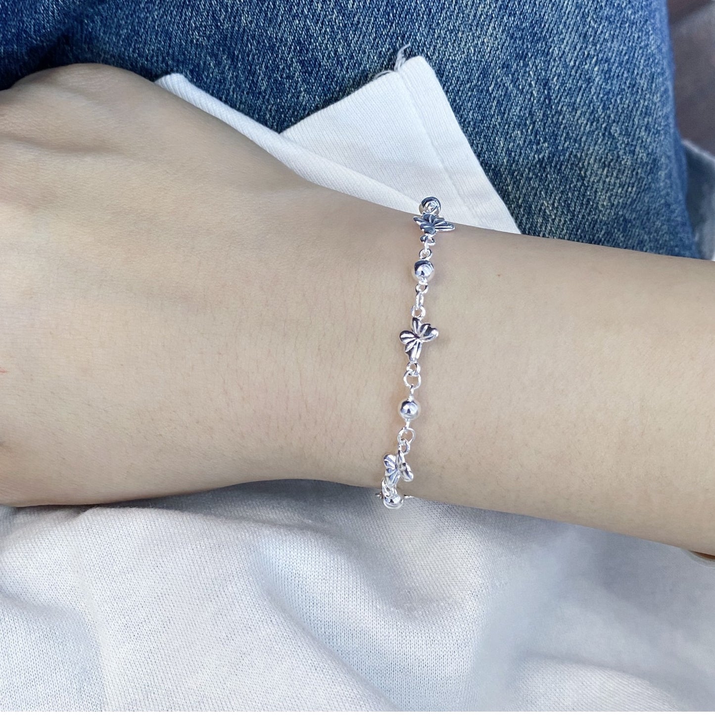 1pc 999 Sterling Silver Butterfly & Bead Chain Bracelet, Delicate Style, Perfect For Daily Wear And Valentine's Gift