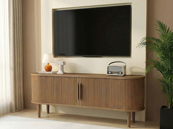 63in Fluted TV Stand Modern Media Console Table Entertainment Center With Sliding Door And Solid Wood Legs For Living Room Bedroom Office