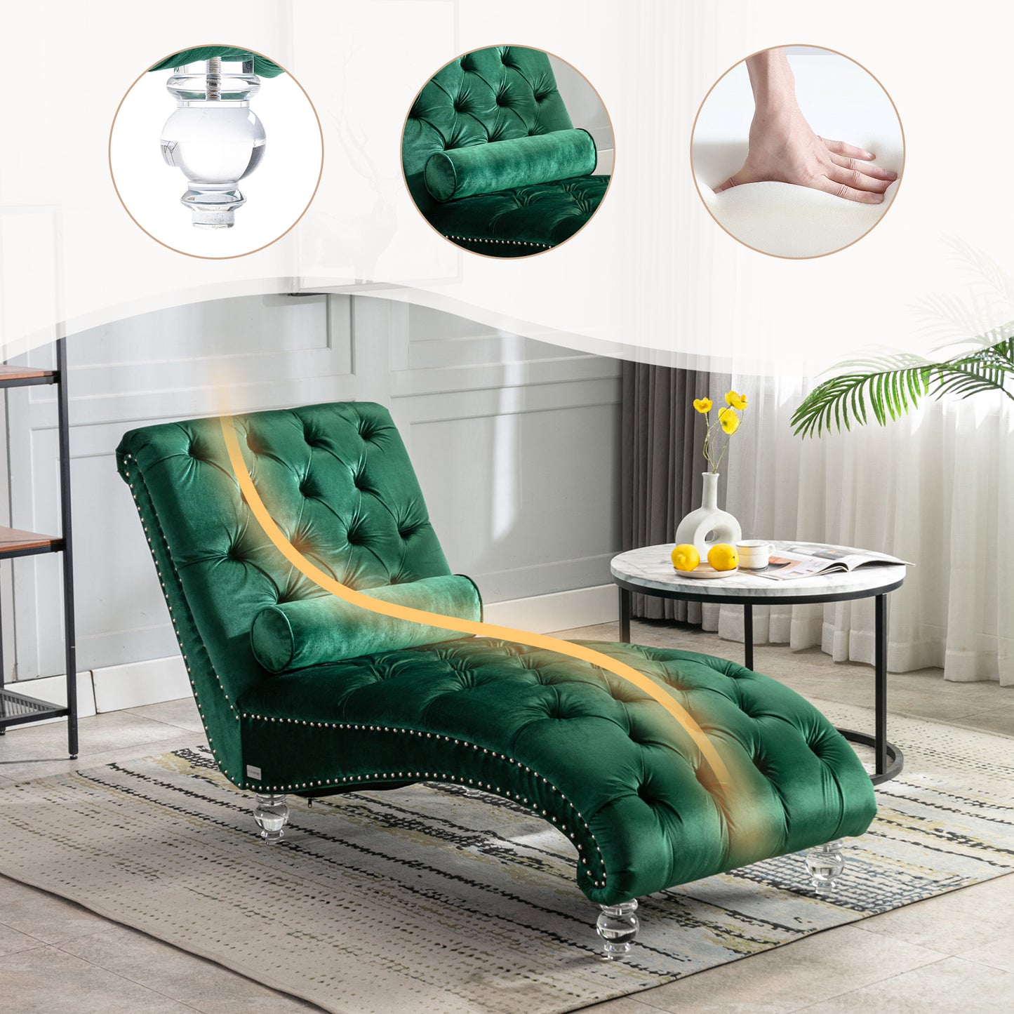Velvet Chaise Lounge Indoor,Button-Tufted Upholstered Chaise Lounge Chair With Pillow For Bedroom Living Room Office  Emerald Velvet