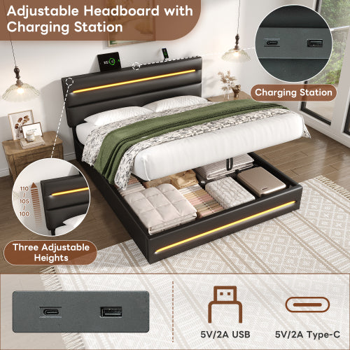 4ft6 Double Upholstered Bed Frame With Hydraulic Storage, PU Ottoman Bed With LED Lighting And Charging Station, LED Adjustable Headboard With USB And Type - C Ports, Black