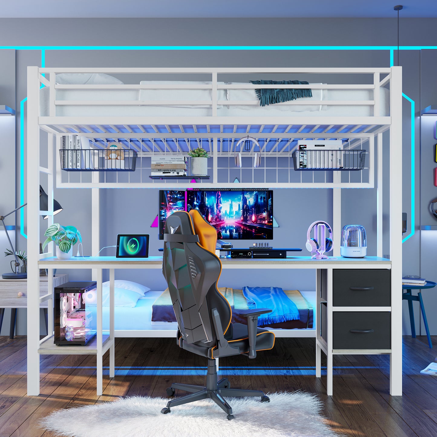 Loft Bed, 90x200 And 140x200, Iron Frame, Drawers, Shelves For Objects, Grid For Hanging Objects, Desk, With 7-color LED Bar, USB Port, Without Mattress, White