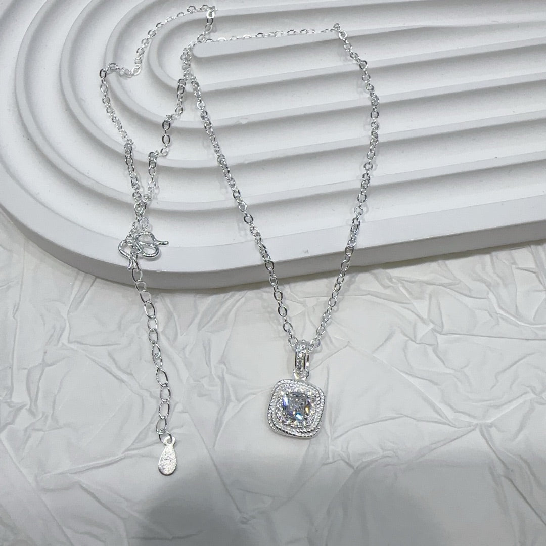 1pc 999 Sterling Silver Square Zircon Pendant Necklace, Elegant & Shiny Style, Perfect For Daily, Dating & Gifting, Ideal Valentine's Gift